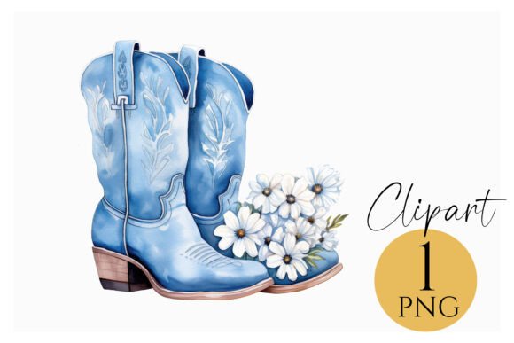 Blue Western Cowboy Boots Clipart: Vintage Floral Charm