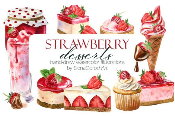 Sweeten Your Brand: Watercolor Strawberry Desserts ClipArt