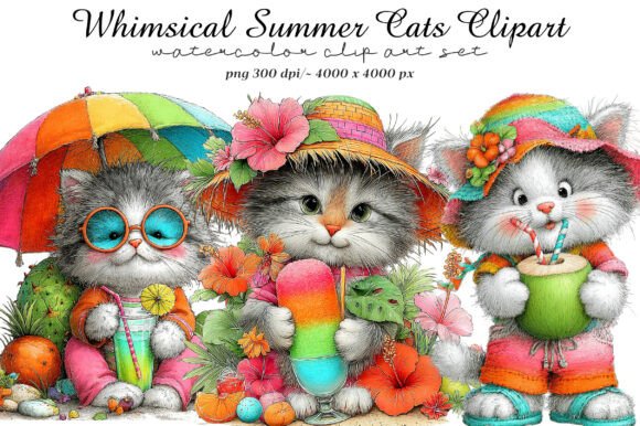 Whimsical Summer Cats Clipart: Charming Feline Art for Your Projects